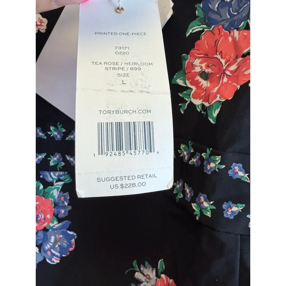 TORY BURCH Tea Rose Heirloom Stripe Floral One Piece Swimsuit L NWT